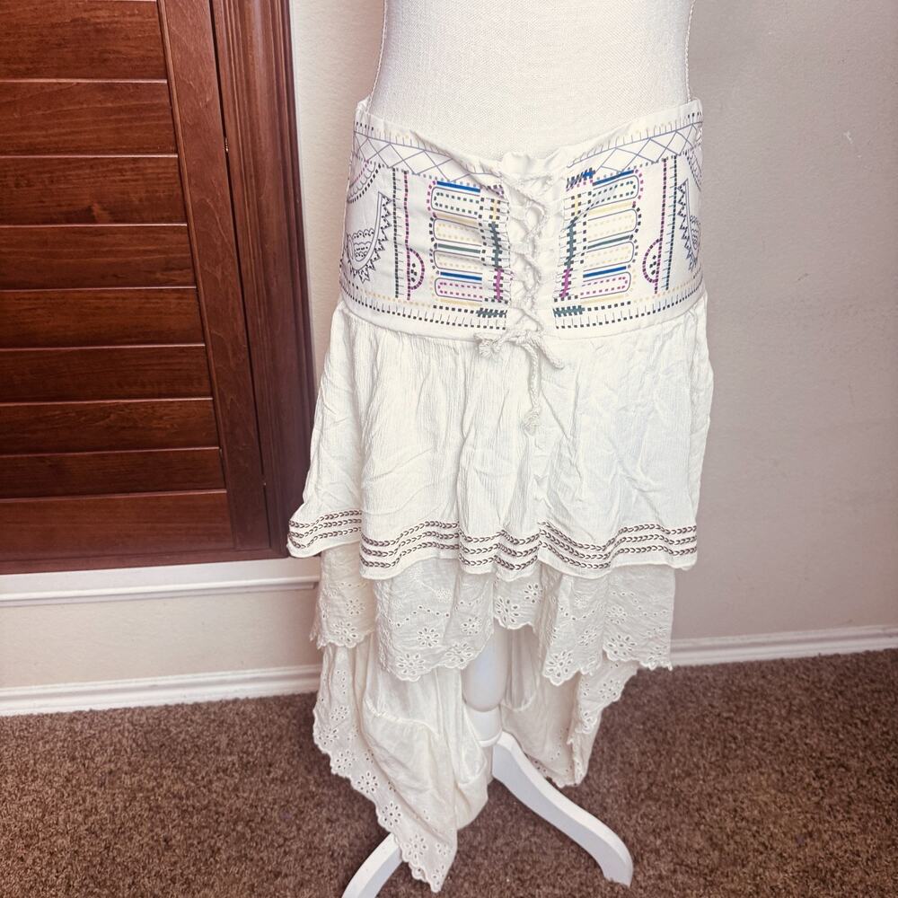 Boho Gypsy Skirt Ivory Ruffle High Low lace trim corset waist lace up sz M - Picture 2 of 9